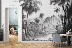 Carta da Parati Adesiva paesaggio tropicale jungle bianco e nero