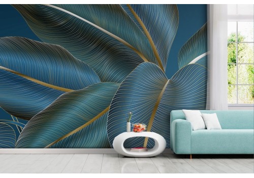 Elegant gold and blue leaf wallpaper