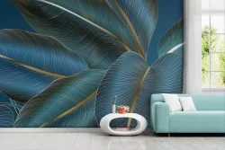 Carta da parati foglie eleganti dorate e blu