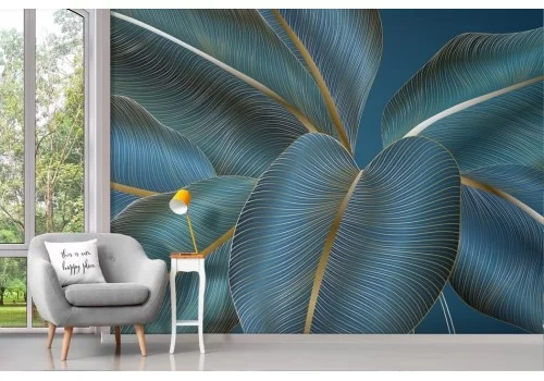 Carta da parati foglie eleganti dorate e blu 2