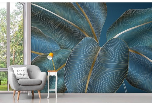 Elegant gold and blue leaf wallpaper 2