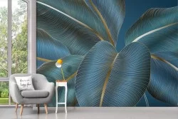 Adhesive Wallpaper with Elegant Golden and Blue Leaves