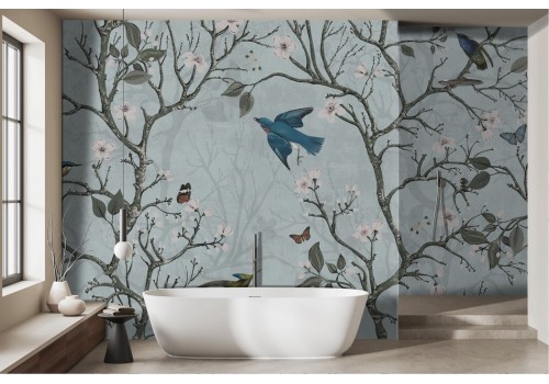 Carta da parati alberi uccelli primavera pastello giapponese