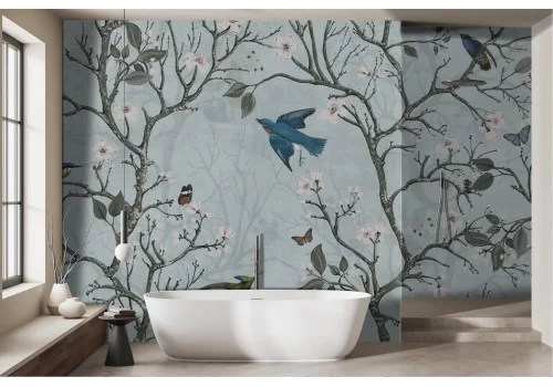 Japanese pastel spring trees birds wallpaper