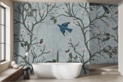 Japanese pastel spring trees birds wallpaper