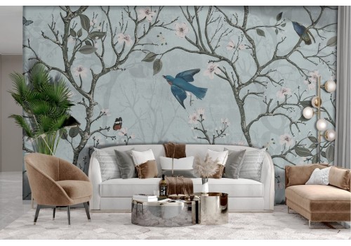 Japanese pastel spring trees birds wallpaper 2