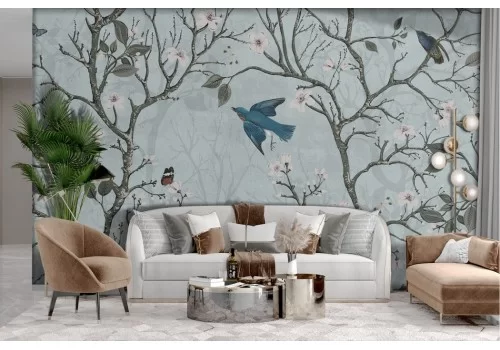 Japanese pastel spring trees birds wallpaper 2