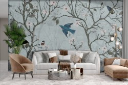 Adhesive Wallpaper with trees, birds, spring, pastel Japanese