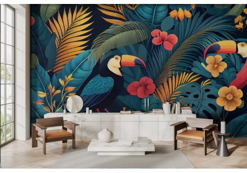 Tropical flowers wallpaper colorful toucan -a206
