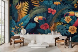 Colorful tropical flowers toucan wallpaper