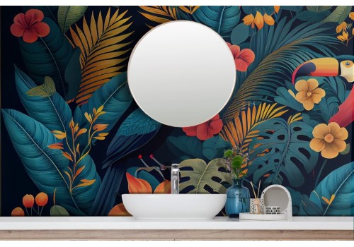 Colorful tropical flowers toucan wallpaper 2