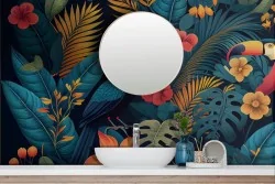 Carta da Parati Adesiva fiori tropicali colorata tucano