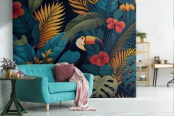 Tropical flowers toucan wallpaper
