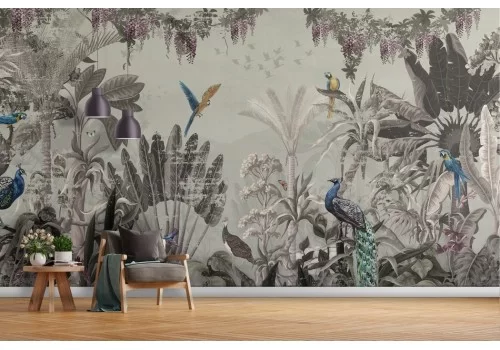 Tropical forest wallpaper with vintage parrots and peacocks