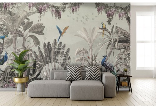 Tropical forest wallpaper with vintage parrots and peacocks 2