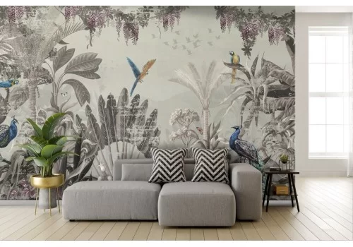 Tropical forest wallpaper with vintage parrots and peacocks 2
