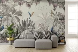 Adhesive Wallpaper Tropical Forest Parrots and Vintage Peacocks