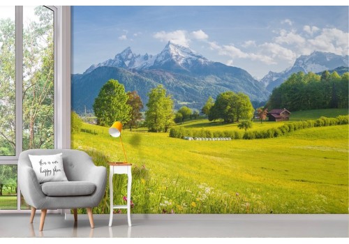 Wallpaper of green flowering hills and mountain with snow 2