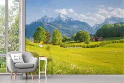 Carta da Parati Adesiva colline verdi in fiore e montagna con neve