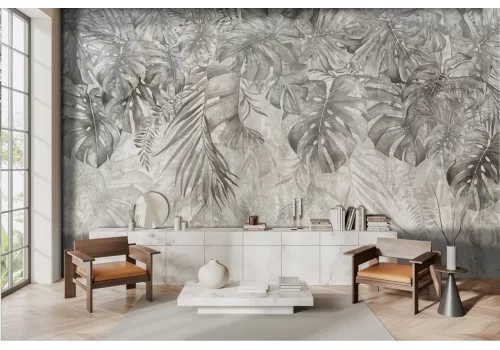 Carta da parati foglie tropicali sfumature grigie
