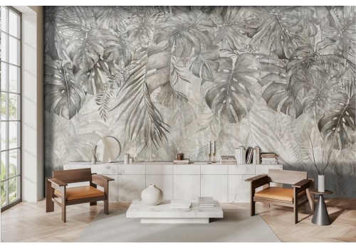 Tropical leaves wallpaper in shades of gray