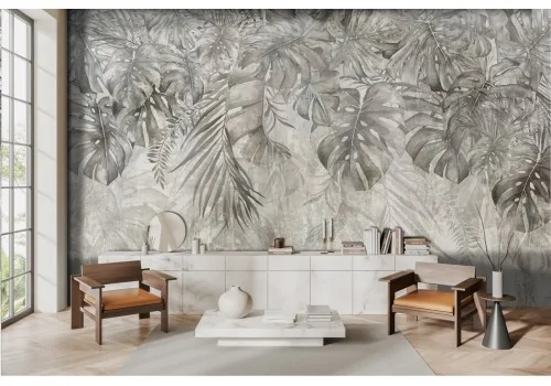 Tropical leaves wallpaper grey shades -a222