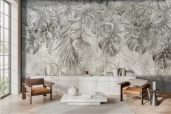 Tropical leaves wallpaper in shades of gray
