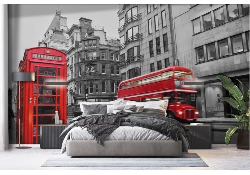 London wallpaper with telephone and red bus