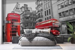 London wallpaper with telephone and red bus
