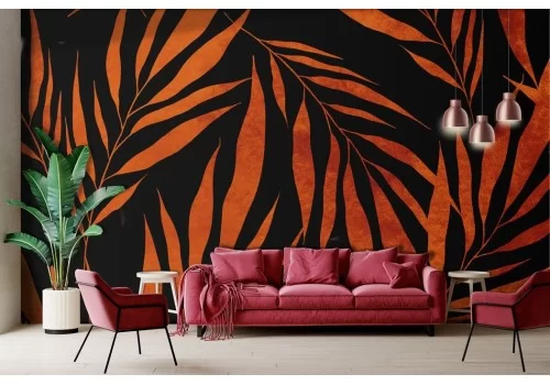 Carta da parati foglie tropicali arancioni effetto zen