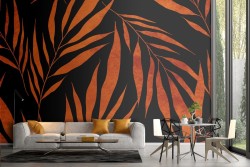 Adhesive Wallpaper with orange tropical leaves zen effect