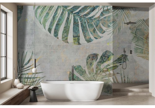 Tropical leaves wallpaper with marble effect background