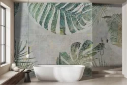 Tropical leaves wallpaper with marble effect background