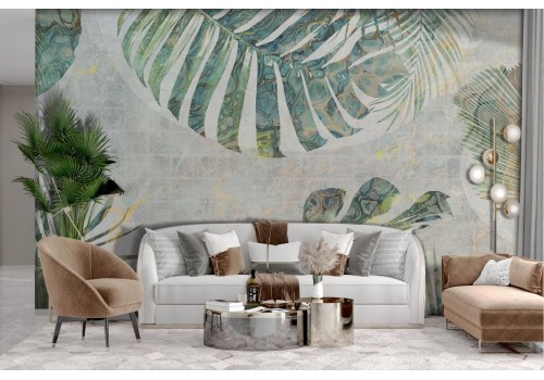 Tropical leaves wallpaper with marble effect background 2