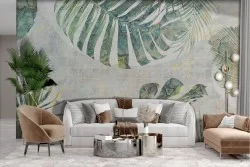 Adhesive Wallpaper with tropical leaves on a marble effect background