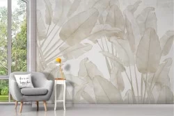 Adhesive Wallpaper with tropical leaves ivory watercolor effect