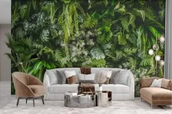 Carta da Parati Adesiva foglie tropicali e fiori jungle