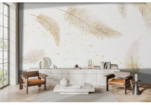 Golden feathers wallpaper on white background -a240