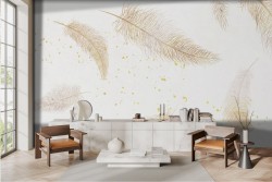 Carta da parati piume dorate sfondo bianco