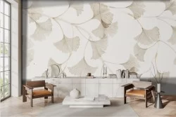 Carta da parati foglie dorate su sfondo bianco