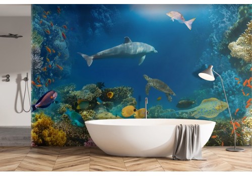 Underwater landscape wallpaper with corals and fish