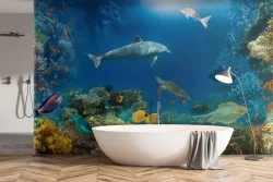 Underwater landscape wallpaper with corals and fish