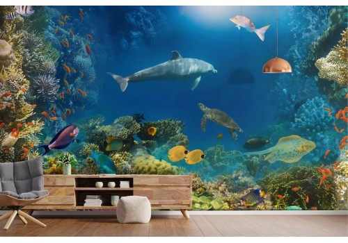 Underwater landscape wallpaper with corals and fish 2