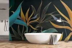Tropical leaves wallpaper with gold finishes