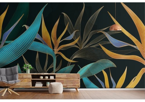 Carta da parati foglie tropicali rifiniture oro 2