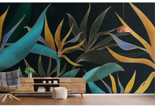 Carta da parati foglie tropicali rifiniture oro 2