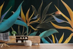 Carta da Parati Adesiva foglie tropicali rifiniture oro