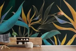 Carta da Parati Adesiva foglie tropicali rifiniture oro