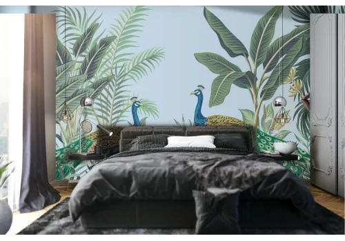 Peacock and Tropical Forest Leaves Nature Wallpaper