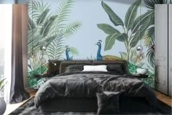 Peacocks and tropical forest leaves nature wallpaper